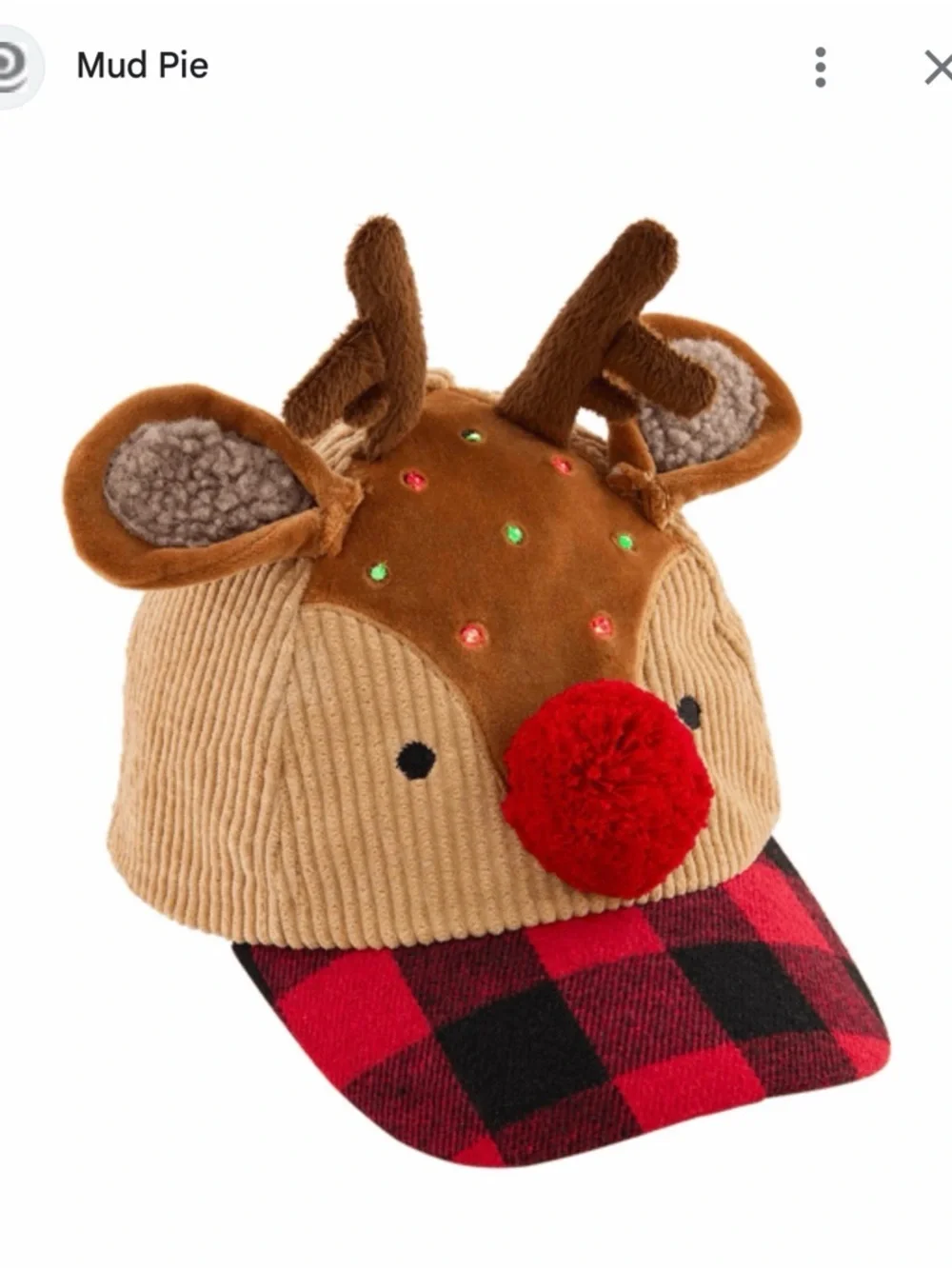 Mud Pie Tan & Red Reindeer Cap with Buffalo Plaid Brim Unisex 3T-5T